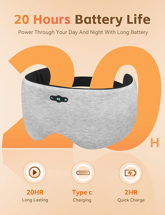 Sleep Mask with Headphones Bluetooth 6.0, 20H Playtime Sleeping Headphones with HD Stereo Speakers for Side Sleepers, Adjustable Blackout Silk Eye Mask for Travel Meditation, Gifts for Women Men(Grey)