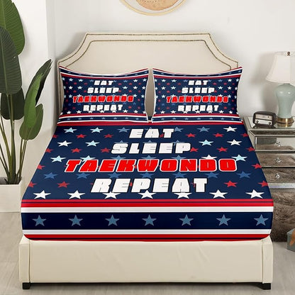 Manfei Taekwondo Fitted Sheet Twin Size, Japanese Style Sports Theme Bedding Set 2pcs, Stars Stripe Print Bed Cover with 1 Pillowcase, Kids Boys Teens Room Decor, Soft Bedding(No Top Sheet)