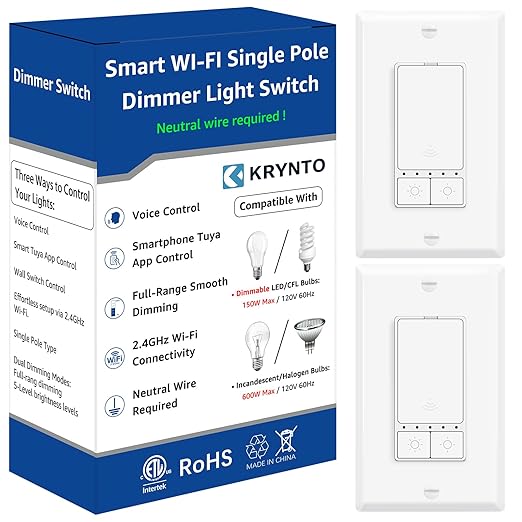 Smart Dimmer Switch, Single Pole with Neutral Wire Required, 2.4GHz WiFi Switch Work with Alexa & Google Home,Tuya APP No Hub Needed, 150W Max LED/CFL 600W Max Incandescent, ETL List, White,2 Pack
