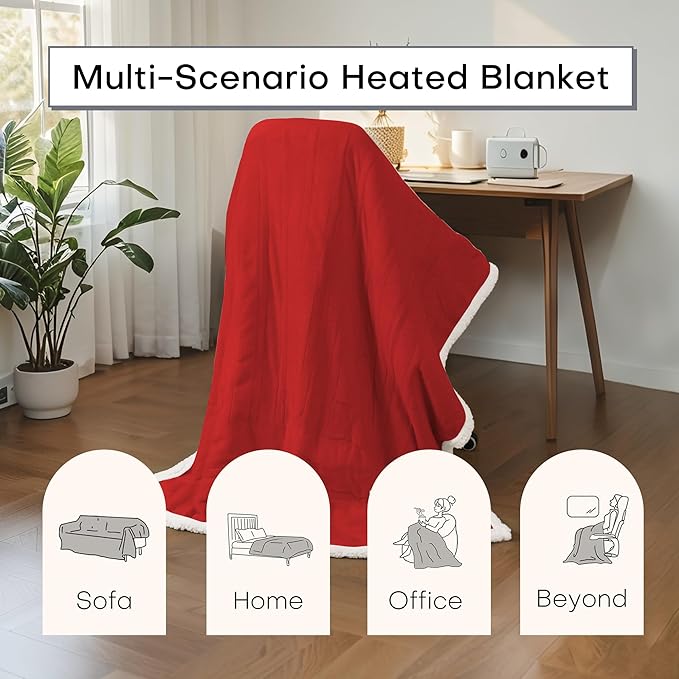 Electric Heated Blanket Full Size 72"x84" - Dual-Sided with Microplush & Sherpa Fabric, 4 Heat Settings & 10 Hours Auto Off, Machine Washable - Bright Red