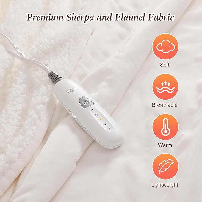 Heating Blanket Queen 84X90in Electric Blanket Queen Size, Washable Heated Blanket with Ultra Soft Flannel and Sherpa Fleece, 5 Heat Levels & 10hr Auto-Off Warming Blanket for Grandma Birthday (White)