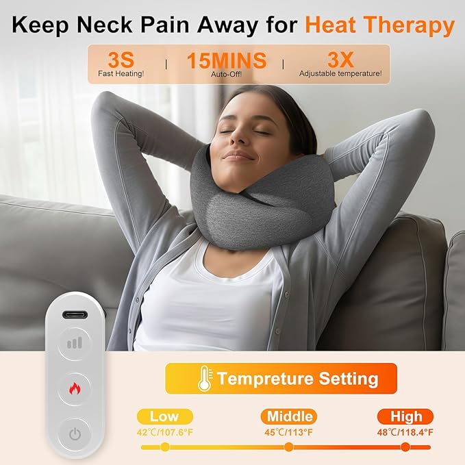 Travel Neck Pillow Airplane 3 in 1 with Heating Massage, Memory Foam Cervical Pillow, 360º Ergonomic Design, Asymmetrical Sides Portable for Airplane Car Office Sleeping Essentials, Breathable Cover