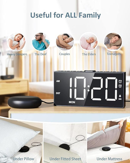 Roxicosly Vibrating Alarm Clock with Bed Shaker for Heavy Sleepers, 3-Level Vibration, Dual Alarms with Weekday & Weekend Mode, Large Digits, Dimmer, Snooze, USB Charger, Battery Backup