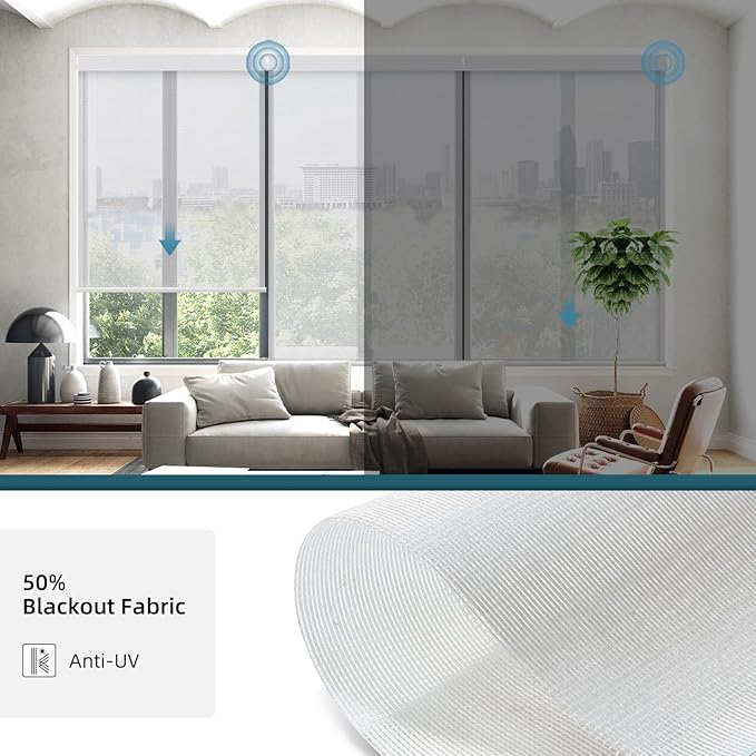 Motorized Light Filtering Shades Work with Homekit Thread-Enabled,50% Blackout Smart Blinds for Windows, Electric Blinds with Remote, APP/Voice Control, Sunscreen PVC Free Wihte