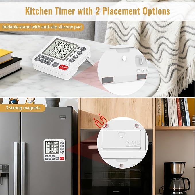 Digital Dual Kitchen Timer, 4 Channels Independent Countdown Timer, Large Display, On/Off, Loud Volume Alarm and Flashing Light with Magnetic Back, Stand, Battery Included (White)