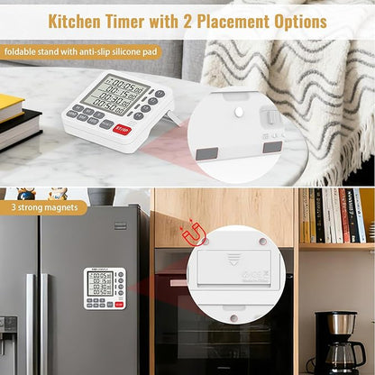 Digital Dual Kitchen Timer, 4 Channels Independent Countdown Timer, Large Display, On/Off, Loud Volume Alarm and Flashing Light with Magnetic Back, Stand, Battery Included (White)