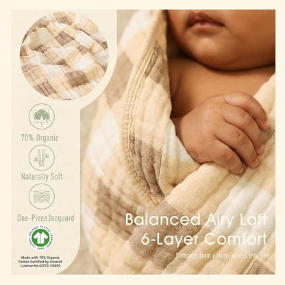 Ultra Soft Muslin Baby Blanket Made with Organic Cotton - Neutral Earth Tone Checkered Swaddle & Nursery Quilt, 43x43 (Beige-Coffee Checkered)
