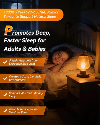 Neporal 1800K Amber Sleep Light Bulbs 8PK, 99.96% Blue Blocking Soft Warm Light Bulbs for Melatonin Promoting, A15 6W 40W Equivalent Amber Night Light E26 for Bedroom, Baby Nursery, Reading