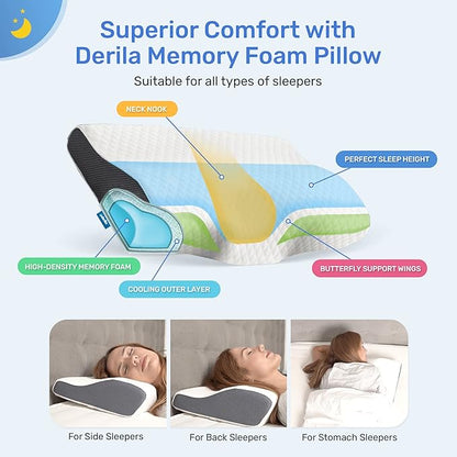 Derila Cervical Neck Pillow for Sleeping 2 Pack - Support Pillow for Back, Stomach, Side Sleeper Contour Memory Foam Pillows (2 Pillows, Standard (19.7" x 11.8" x 3.9"))