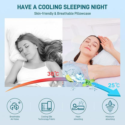 Cervical Neck Pillow - Memory Foam Pillow for Pain Relief Sleeping, Ergonomic Neck Support Contour Pillows for Side Back Stomach Sleepers,Orthopedic Breathable Pillowcase (Blue White)