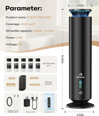 Waterless Scent Diffuser Kit,Scent Diffuser with 7 Lights and Breathing Lights Modes,Max Coverage 2000 sq.ft.Home,Offices,Hotels and Spas Aromatherapy Diffuser Included 5 Scent Oils Remote Control