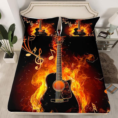 Electric Guitar Fitted Sheet Set with 2 Pillowcases,Rock Music Theme Guitar Musical Notes Bed Sheet Teens,Neon Yellow Glowing Modern Artistic Top Flat Sheet Luxury Microfiber,Queen Size
