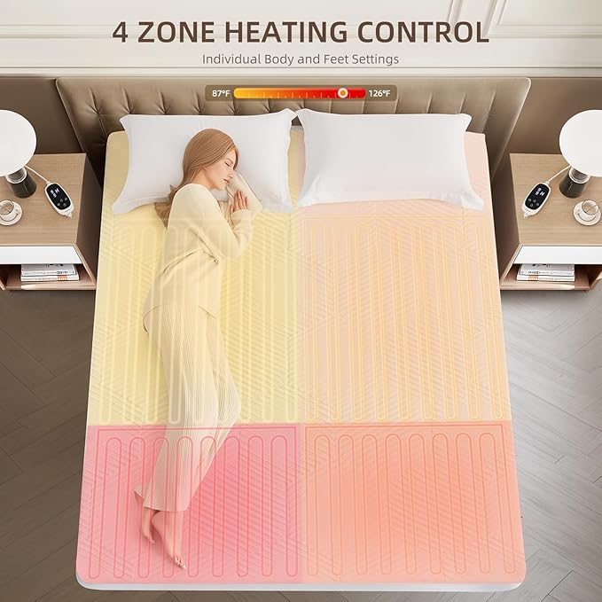 Multizone Waterproof Heated Mattress Pad, Individual Body &Feet Electric Mattress Bed Warmer 9 Heat Settings, 1-12Hours Auto Off, Deep Pocket, Fast Heating, Machine Washable Cal King 72" x 84"