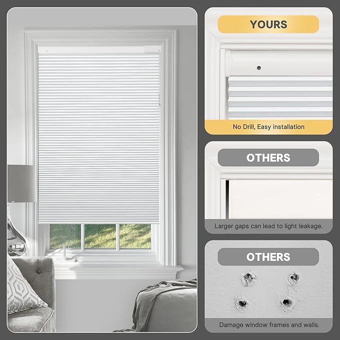 CINONEKO Custom Size(21-69"W x 22-93"H) Motorized Cellular Shades,No Drill Smart Honeycomb Blinds【Free Solar Powered】Automatic Blinds for Indoor Windows Cordless Electric Shades Compatible with Alexa