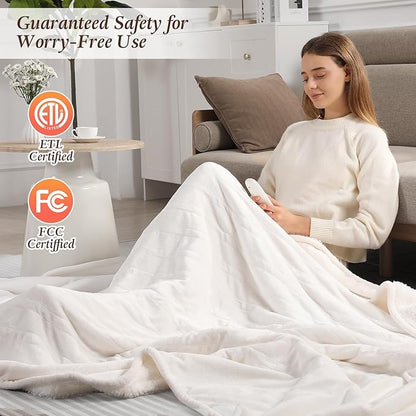 Heated Blanket Full Size Electric Blanket 72X84in, Fluffy Sherpa Fleece Heated Blanket Full for Bed with 5 Heat Levels & 10-Hour Auto Off, ETL and FCC Certified Warming Blanket for Winter Gift (White)