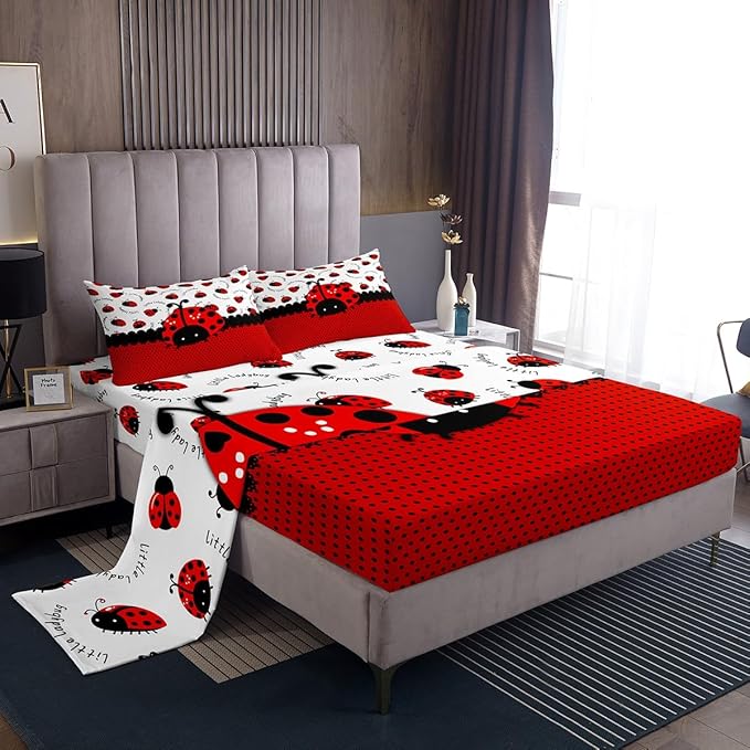 Manfei Ladybug Kids Sheet Full Size,Red Black Ladybird Beetle Insect Rustic Girls Boys Bedding Set Decor,Geometric Polka Dots Abstract Cartoon Bed Sheet Set 4pcs(Fitted + Flat + 2 Pillowcases)