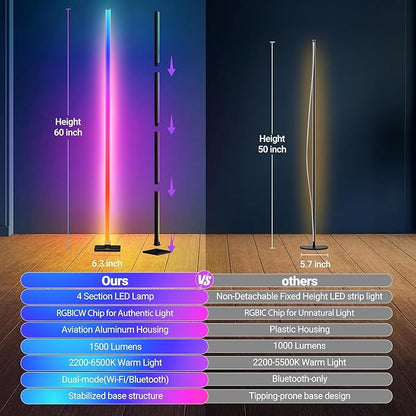 Floor Lamp,RGBICW Led Lamp Compatible with Alexa and Google Assistant,60 Inch 4 Segment Detachable Corner Light with Square Base for Living Room and Bedroom Ambient Lighting