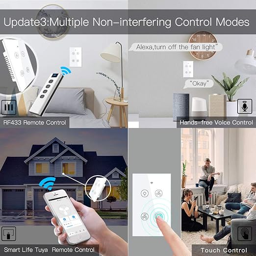 MoesGo WiFi RF Smart Ceiling Fan Light Switch, Work with Smart Life/Tuya APP, Control Speed Control Alexa and Google Home Compatible White