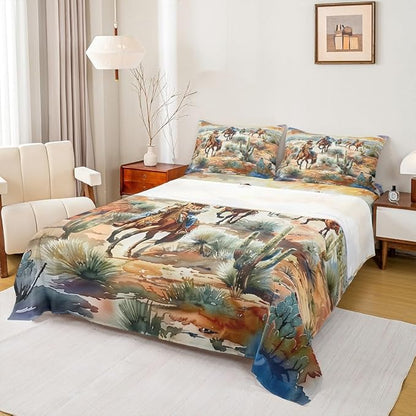 Manfei Western Cowboy Bed Sheets Full Size,West Horse Desert Cactus Easy Wash Bedding Set,Vintage Tribal Retro Boys Girls Room Decor,Yellow Green Sheet(Fitted+Flat+2 Pillowcases)