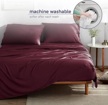YnM Cooling Bed Sheet Set with 100 Percent Rayon Derived from Bamboo, 400TC Fabric with 2 Pillowcases and Flat Sheet, Deep Pocket Fit 19'', Silky-Soft & Sweat Wicking, 4 Piece (Ca King, Rose Purple)