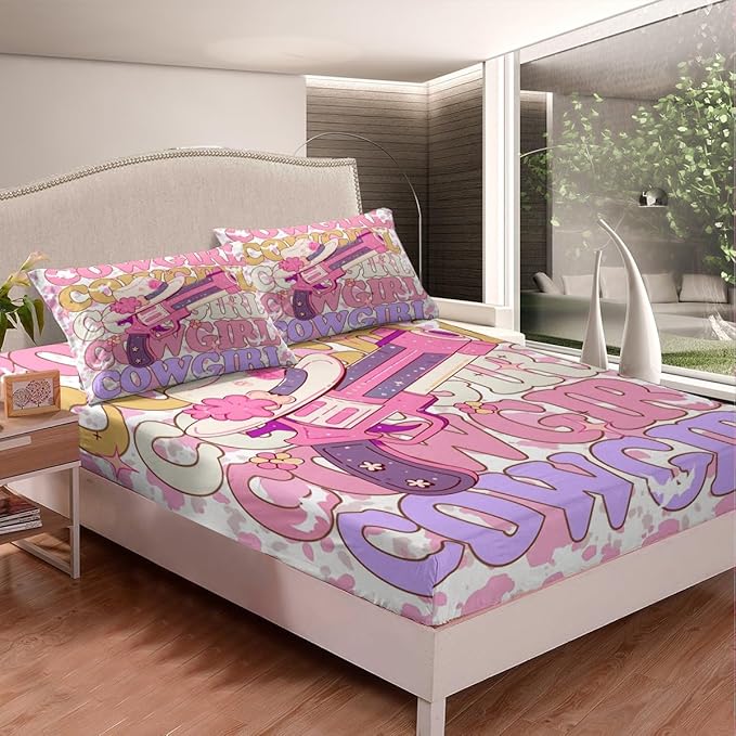 Manfei Western Ghost Bed Sheet Set 3 Pieces,Tribal Cowboy Hat Halloween Cute Ghost Microfiber Bedding Set Without Flat,Brown Cowhide Rustic Cow Fur Print Fitted Sheet,2 Pillow Cases,Full Size