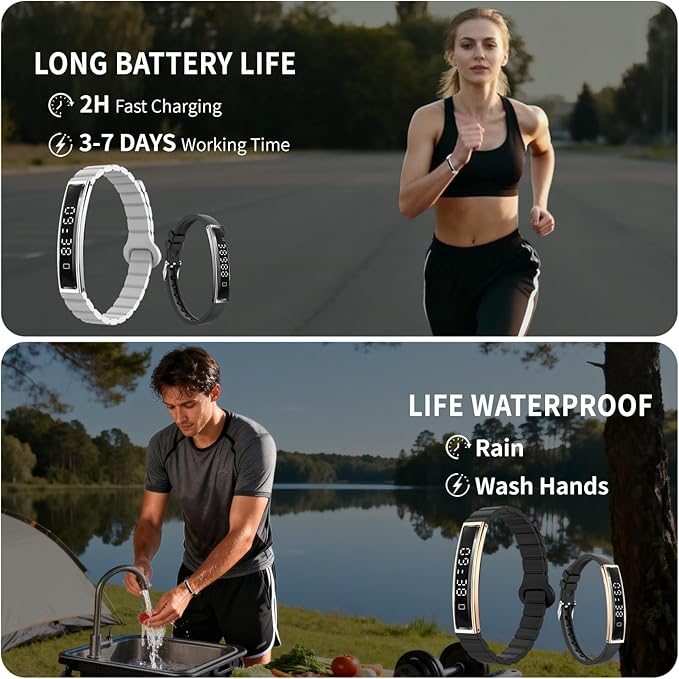 Lightweight Smart Bracelet for Women Men, Step Tracker Watch Wristband With 24/7 Heart Rate Sleep Monitor, 12 Sport Modes Fitness Trackers, Waterproof Health Band Fits Android IOS (Black+Black)