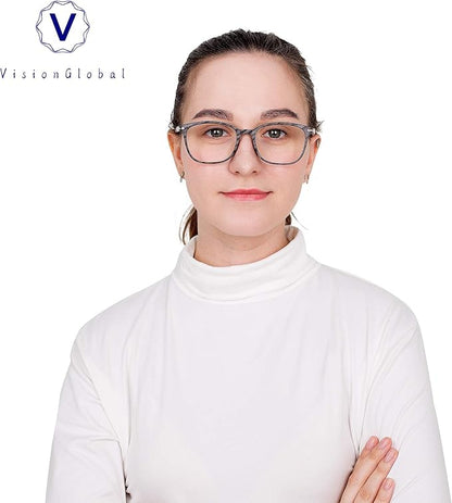 VisionGlobal Blue Light Blocking Glasses for Women/Men, Anti Eyestrain, Computer Reading, TV Glasses, Stylish Square Frame, Anti Glare (Wood, No Magnification)