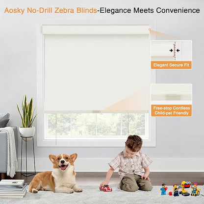 AOSKY No Drill Cordless Blackout Roller Shades with Valance,Customize Blinds for Indoor Windows,Room Darkening Window Shades Pull Down with Free-Stop Spring System, UV Protection for Home Ivory
