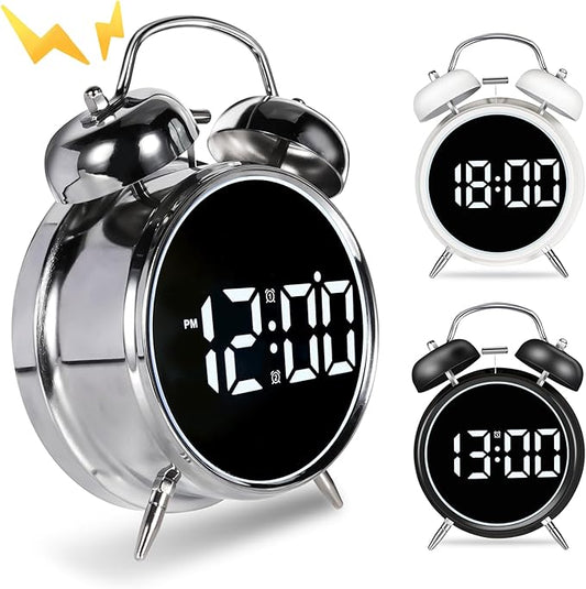 Extra Loud Alarm Clock for Heavy Sleepers Adults, Teens,Kids,Cute Retro Metal,Old Fashioned with Twin Bells,Battery Operated or Plug in,Small Digital Desk Clock