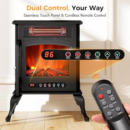 Electric Fireplace Stove Heater - Freestanding Electric Fireplace Heater with 3D Flame Effect, 1500W Infrared Electric Stove Heater for Indoor Use with Thermostat, Tip-Over&Overheat Protection