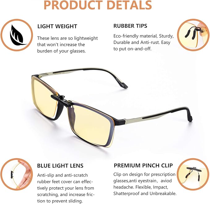 FONHCOO Clip on Blue Light Blocking Glasses Womens Mens over Prescription Glasses Frameless Lens Anti Eyestrain Headaches