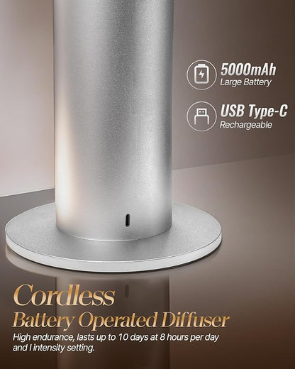 Waterless Essential Oil Diffuser for Home Large Room 2000 Sq.ft Coverage,Cordless Wireless Battery Operated Diffuser with White Tea Oil,Scent Diffusers for Hotel/Office/App/Remote Control/Timer,Silver