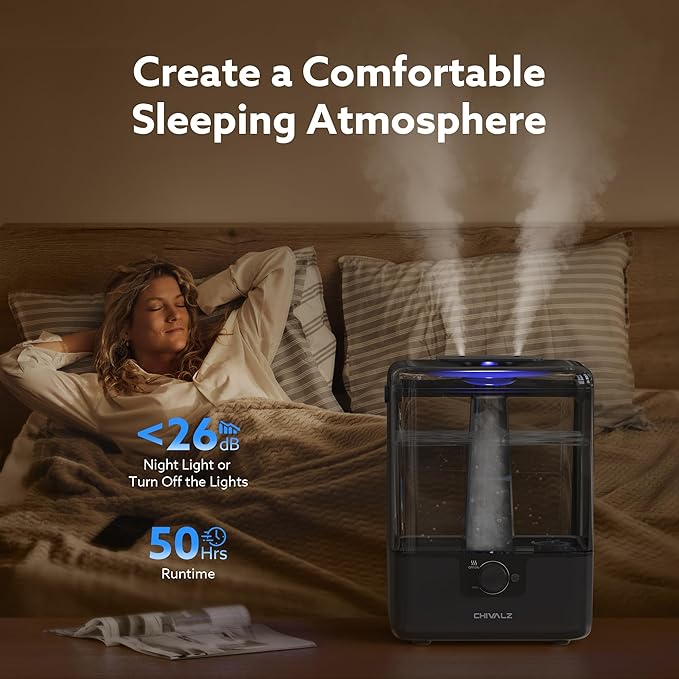 CHIVALZ Humidifiers for Bedroom Large Room Home, 6L Cool Mist Humidifier for Baby and Plant, Oil Diffuser, Top Fill Humidifier with Night Light, Quiet 23dB, Up to 26H, Black 1Pack