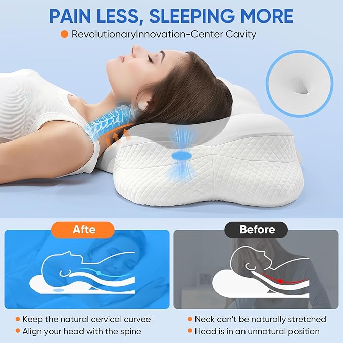 Cervical Pillow for Neck Pain Relief, Adjustable Ergonomic Contour with Orthopedic Memory Foam, Full Support for All Sleeping Positions (Side Back Stomach), Odorless (Gray-White)