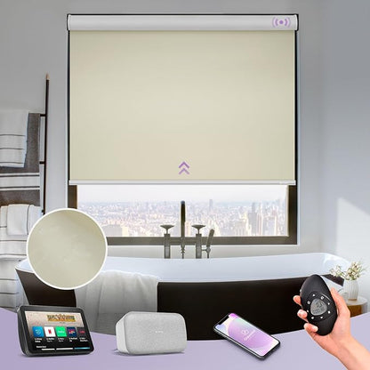 Graywind Motorized Roller Shades 100% Blackout Compatible with Alexa Google Waterproof Vinyl Cordless Remote Smart Blinds with Valance, Custom Size (A-Beige)