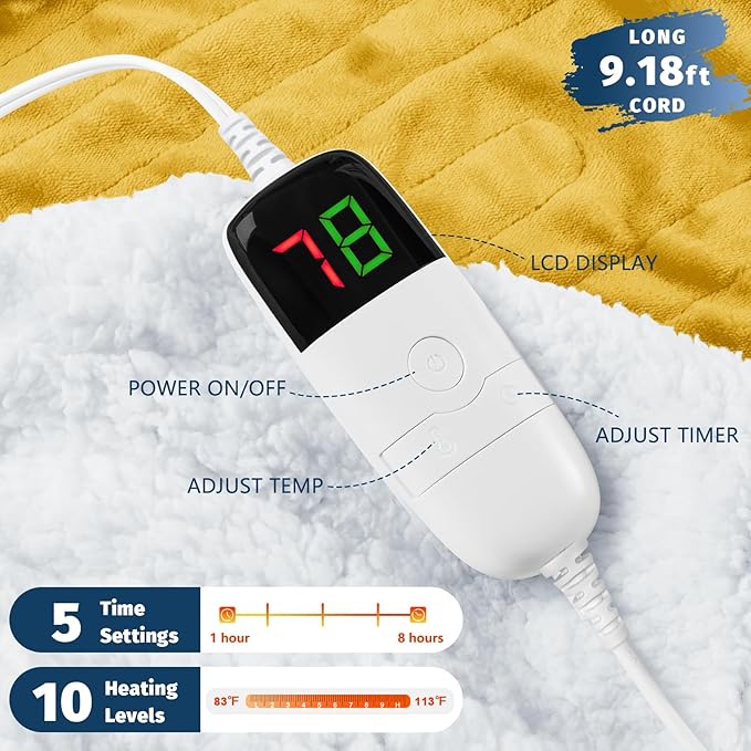 BOMOVA Heated Electric Blanket Full Size - 72" x 84" Heating Blanket with 10 Heating Levels & 8 Hours Auto Off, Warm Flannel Blanket, Christmas Birthday Gifts for Women