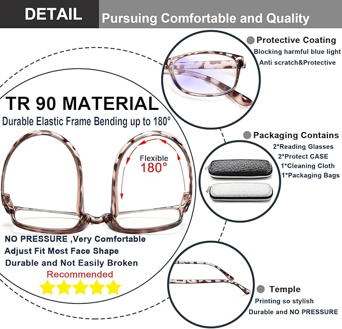 EYEURL Reading Glasses For Men Women - Blue Light Blocking Glasses Reduce Eyestrain - 2 Pack TR90 Frame Lightweight +3.25