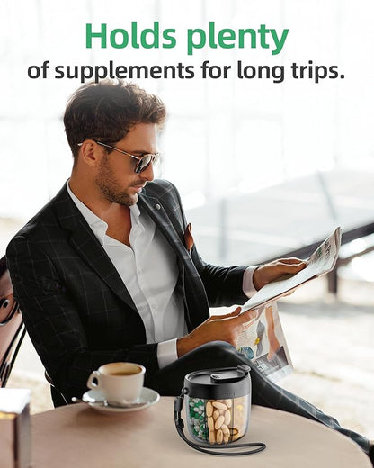 PULIV Portable Pill Dispenser Bottle, Vitamin Organizer with 7 Compartments, Holds Plenty of Supplements with Anti-Mixing & Wide Openings Design, Easy to Retrieve Meds, Includes 20 Pcs Sticky Labels