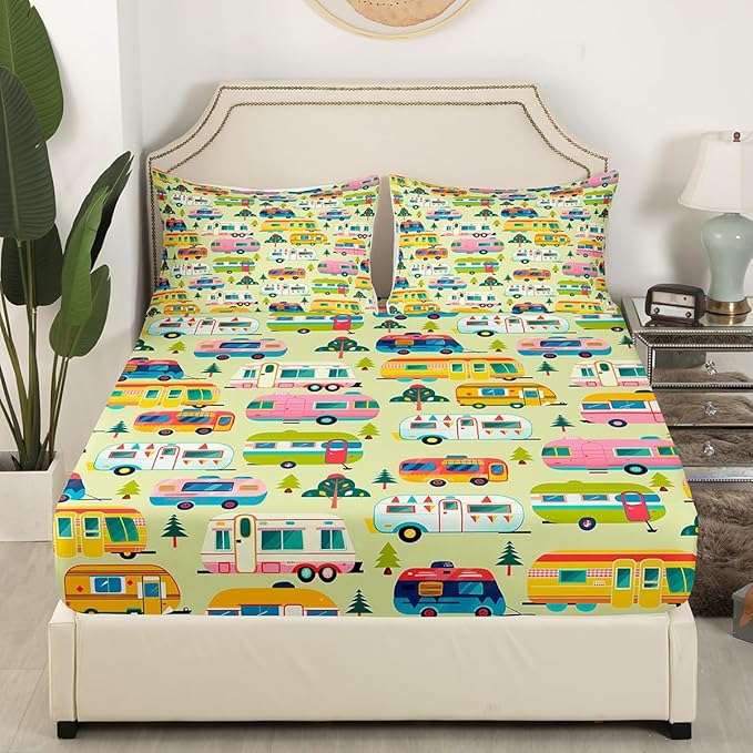 Cartoon Camping Truck Kids Fitted Sheet Queen Size,Camper RV Trailer Adventure Bedding Set,Boys Girls Room Decor,Jungle Pine Trees Rustic Nature Bed Cover,Green Bed Sheet,2 Pillowcases(No Top Sheet)