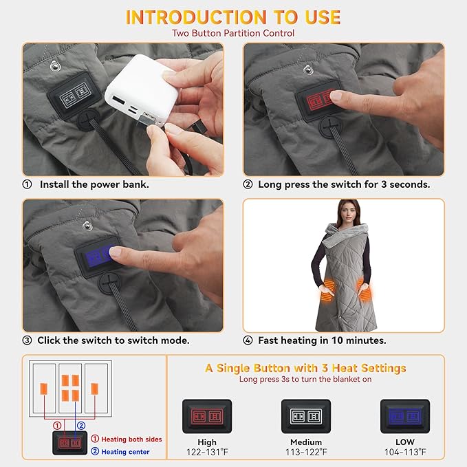 Heated Blanket Outdoors, Battery Operated Heated Throw with 10000mAh Power Bank, 2-in-1 Blanket & Shawl for Camping, Hiking, Stadium Events & Travel, Cordless USB Heated Blanket-Grey