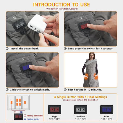 Heated Blanket Outdoors, Battery Operated Heated Throw with 10000mAh Power Bank, 2-in-1 Blanket & Shawl for Camping, Hiking, Stadium Events & Travel, Cordless USB Heated Blanket-Grey