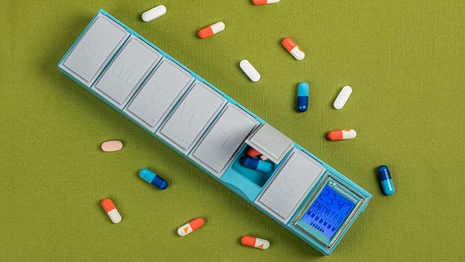 Easy Reminder Pill Box Organizer, Smart Sensors with Gentle Alarm Only if You Miss Dose or Open Wrong Day, Blue