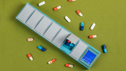 Easy Reminder Pill Box Organizer, Smart Sensors with Gentle Alarm Only if You Miss Dose or Open Wrong Day, Blue