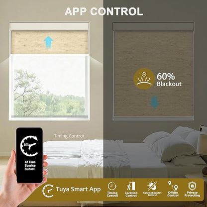 Motorized Blinds with Remote Cordless Automatic Motorized Shades Custom Blinds for Windows Smart Curtains Compatible with Alexa Google Home(Light Filtering Linen Soft Dunes,W57 x H72in)