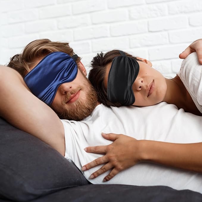 3 Pcs Sleep Mask, Silk Blackout Eye Mask Cover with Adjustable Strap, Satin Night Blindfold Eyeshade Nap for Men and Women Travel Sleeping (Black, Blue, Green)