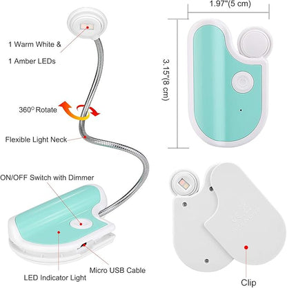 Amber Book Light - Clip On, 2 Modes, Blue Light Blocking for Eye Care, Small Bookmark Light for Kids - White