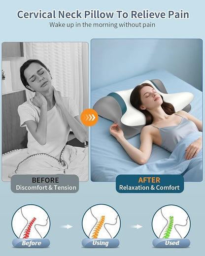 Cervical Neck Pillow for Pain Relief - Ergonomic Side Sleeper for Sleeping, Cooling Memory Foam Pillows for Neck Support, Contour Orthopedic Bed Pillow for Back Stomach Sleepers