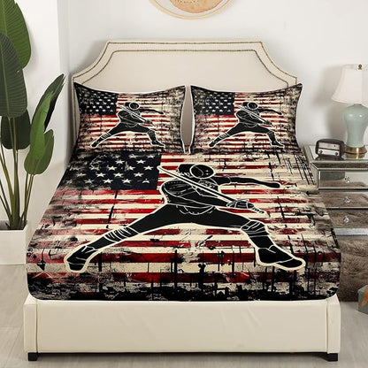 Manfei Fencing Fitted Sheet Queen Size, American Flag Fencer Bedding Set 3pcs, Sword Fighting Sports Theme Bed Cover with 2 Pillowcases, Kids Boys Teens Room Decor, Soft Bedding(No Top Sheet)