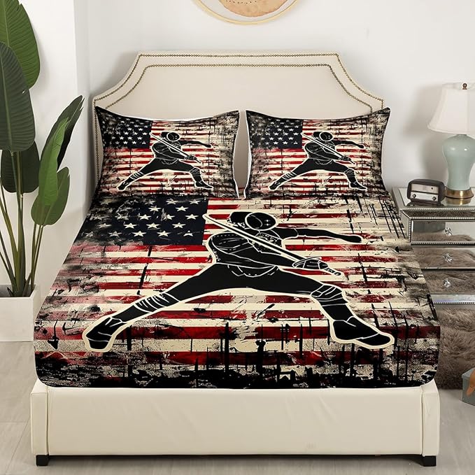 Manfei Fencing Fitted Sheet Full Size, American Flag Fencer Bedding Set 3pcs, Sword Fighting Sports Theme Bed Cover with 2 Pillowcases, Kids Boys Teens Room Decor, Soft Bedding(No Top Sheet)
