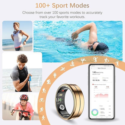 Fit Ring for Women Men, Ring Health Tracker with Heart Rate,Blood Oxygen,Heart Rate Variability, Stress, Sleep Monitor, Step Counter, Smart Ring for iPhone & Android, No Subscription Fee (Gold, 8#)